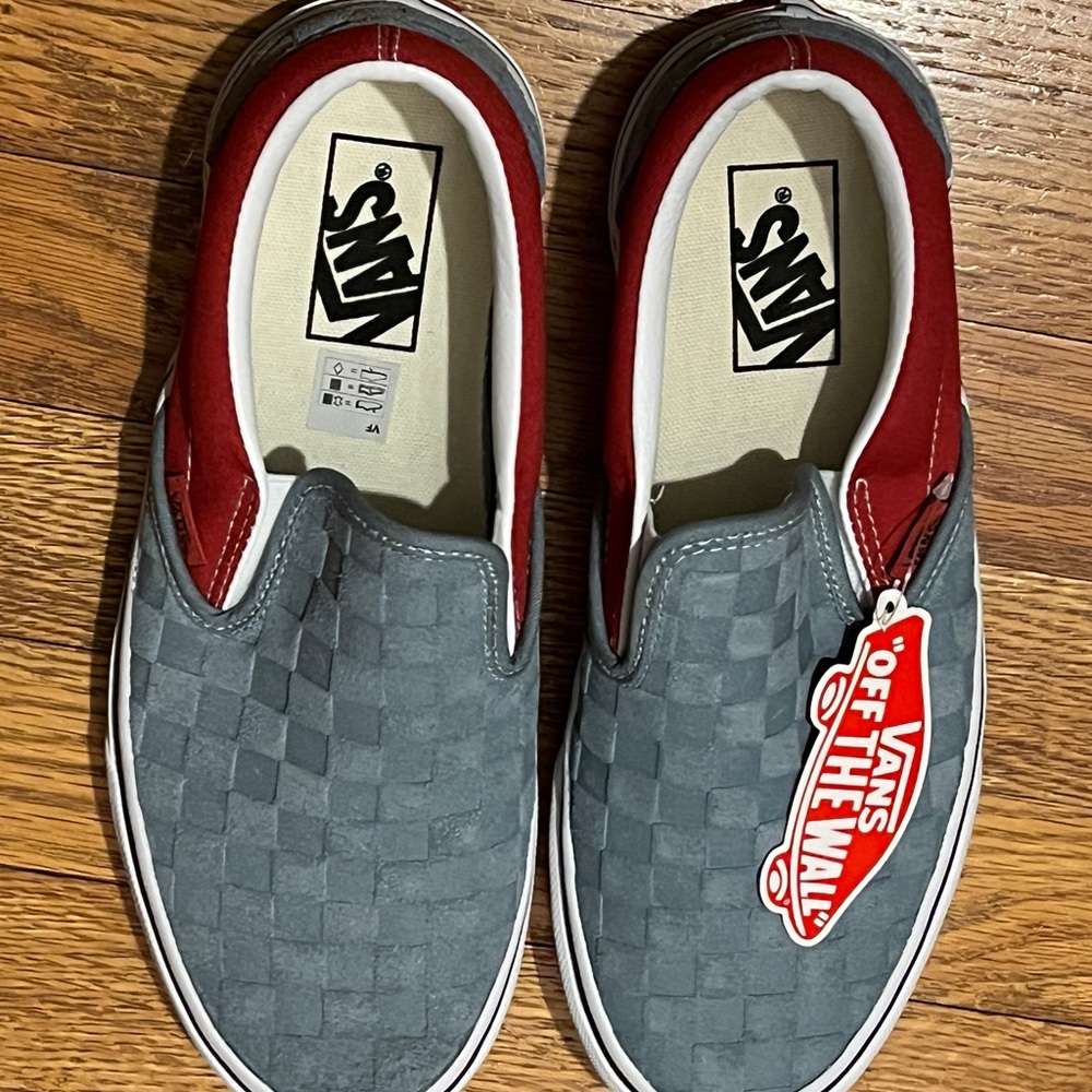 Vans Deboss Grey and Red Slip-Ons Checkerboard Men’s 7.5 / Women’s 9